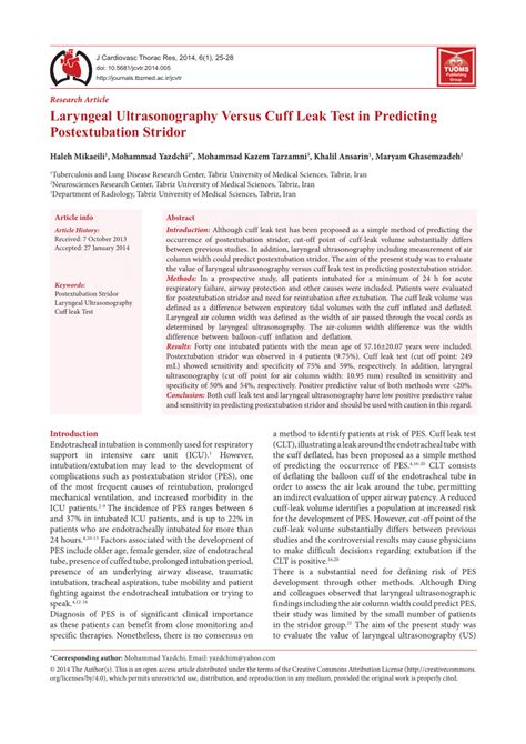 cuff leak test|Cuff‐leak test for predicting postextubation airway complications:。